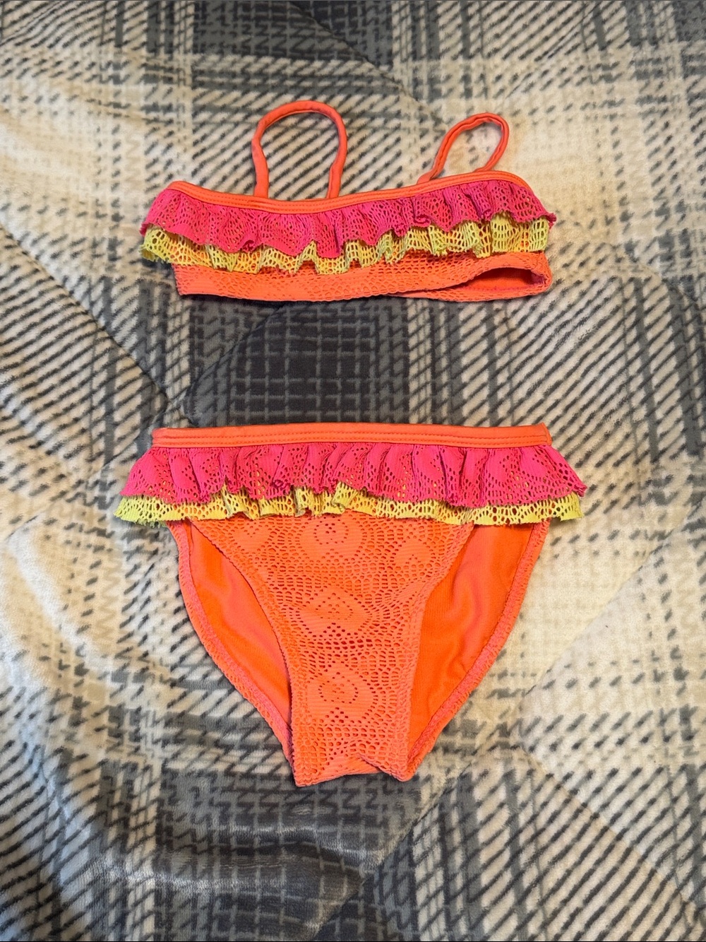 Girls Bright Orange Pink Ruffle Two-Piece Swim Set Bikini